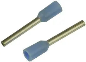 top view of two wire-end ferrules placed in opposite directions, each with a blue insulator collar and a copper contact