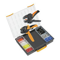 accessories box with an open lid and red, white, yellow, blue, and black pieces in compartments, and two crimping tools in the center