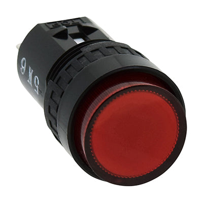 front view of a red push button with black housing