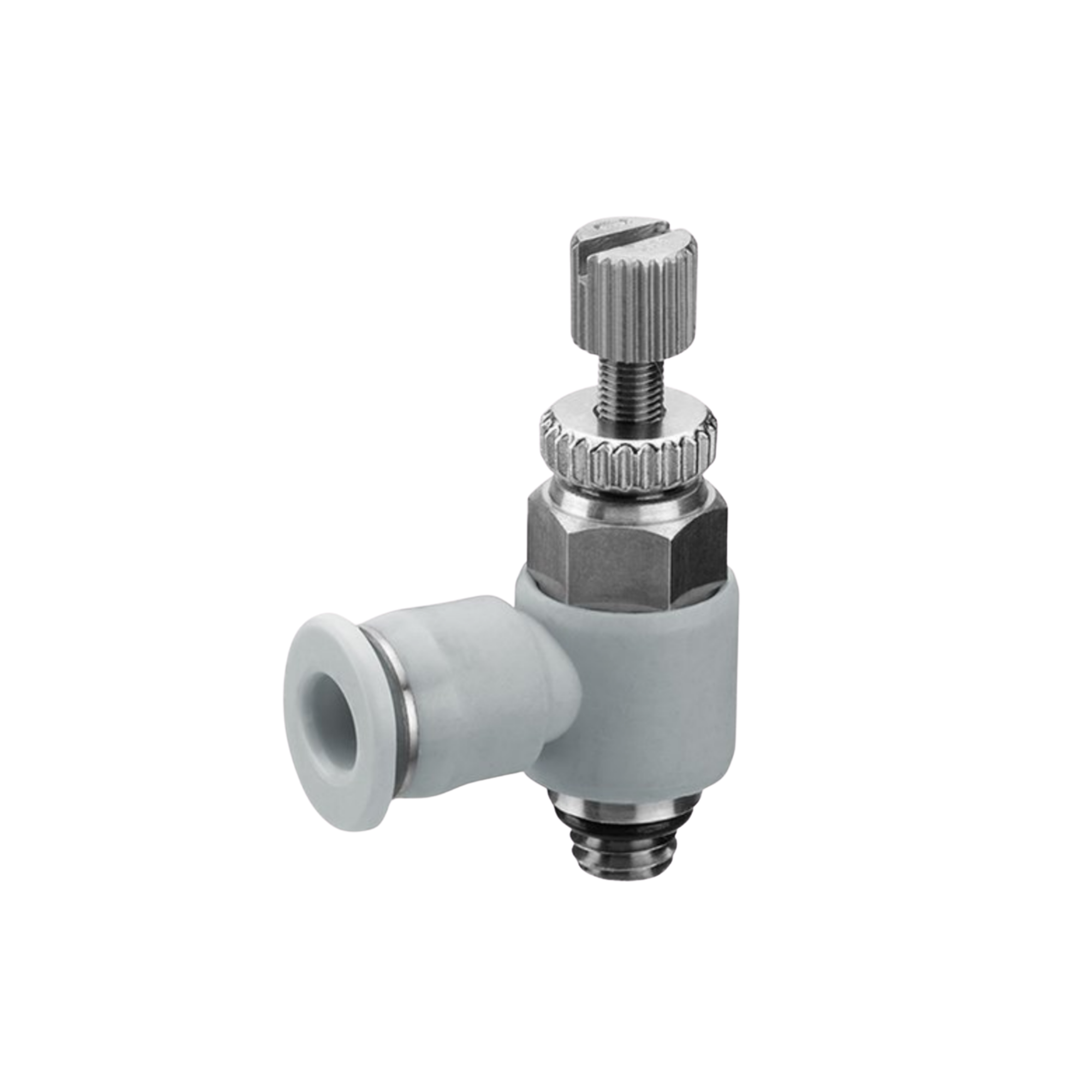 90 degree check valve fitting with adjustable knob on top, male thread on the bottom and female push in on the side