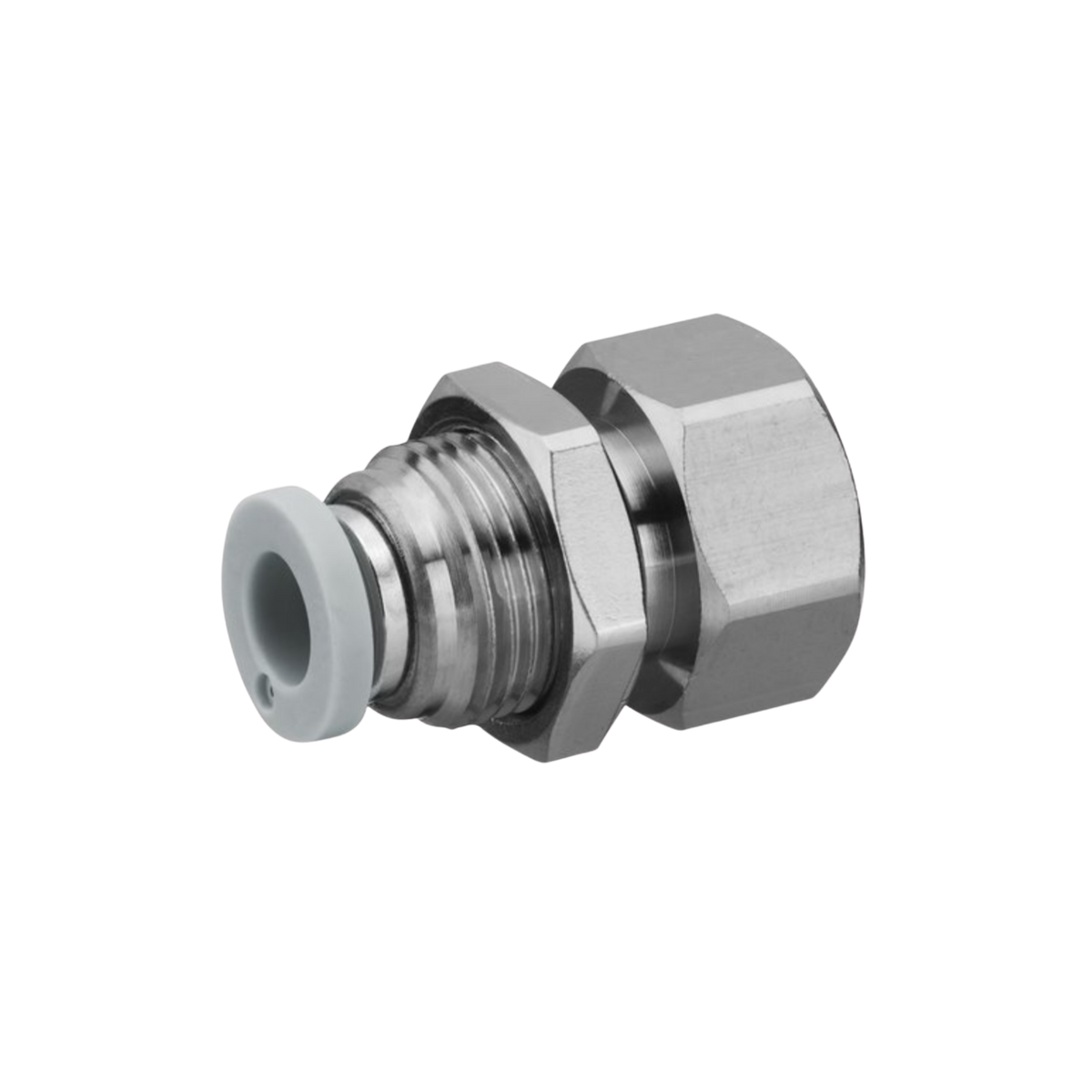 Staright metal hex shaped bulkhead connector. female push in fitting with internal thread.