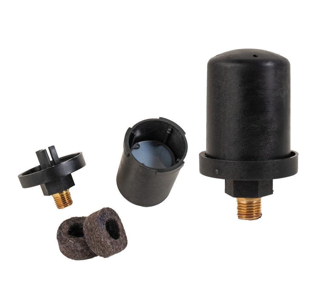 black end cap with screw threading pictured on the left next to two round filter elements, black muffler assembly housing pictured in the middle and full muffler assembly unit pictured on the right