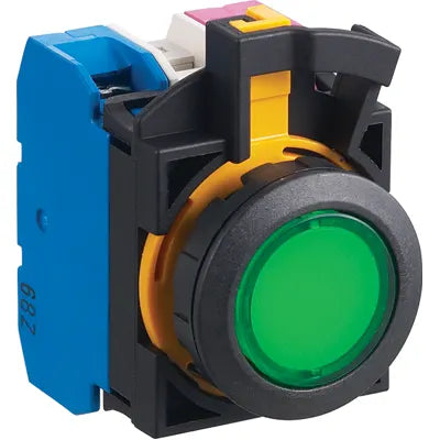 front side view of a pushbutton unit with a blue and red contact block at the back, black housing, and a green button in the front