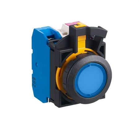 front side view of a pushbutton unit with a blue and red contact block in the back, black housing, and a blue button in the front
