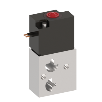 upright rectangular solenoid valve with an aluminum bottom with four holes, black housing on the top, and a output connection on the top left