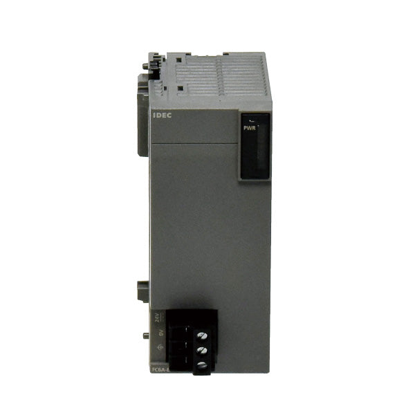 front view of a grey rectangular expansion module with a small terminal block on the bottom left