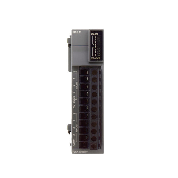 front view of a thin rectangular output module with multiple ports along the front