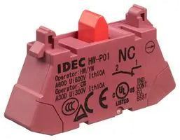 front side view of a contact block with red housing and two tabs on top