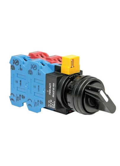 side view of a selector switch, with blue and red plastic pieces on the left, a yellow piece on the top, a black plastic bezel, and a black switch on the right