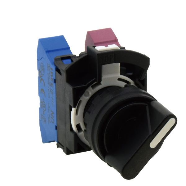 front side view of a selector switch, with blue and red plastic pieces on the back, a black plastic bezel, and a black switch in the front