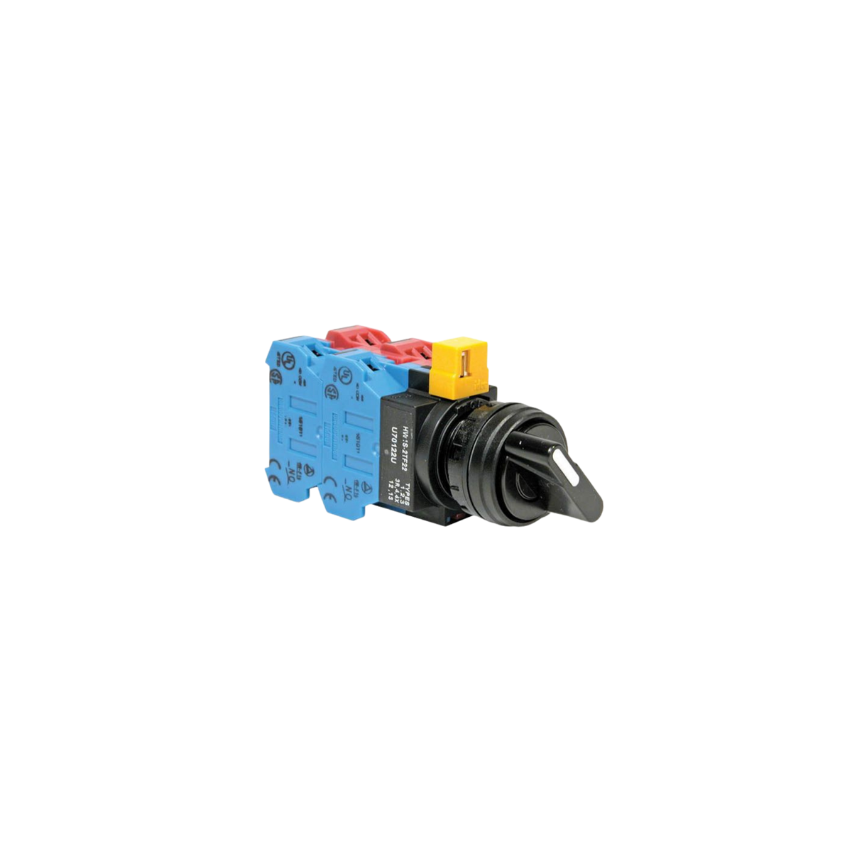 front side view of a selector switch unit with a blue and red contact block at the back, black housing, and a black switch in the front