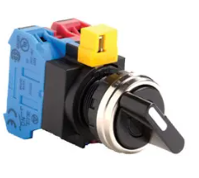 side view of selector switch with blue and red blocks at the back, a yellow tab on the top, and a black switch in the right corner