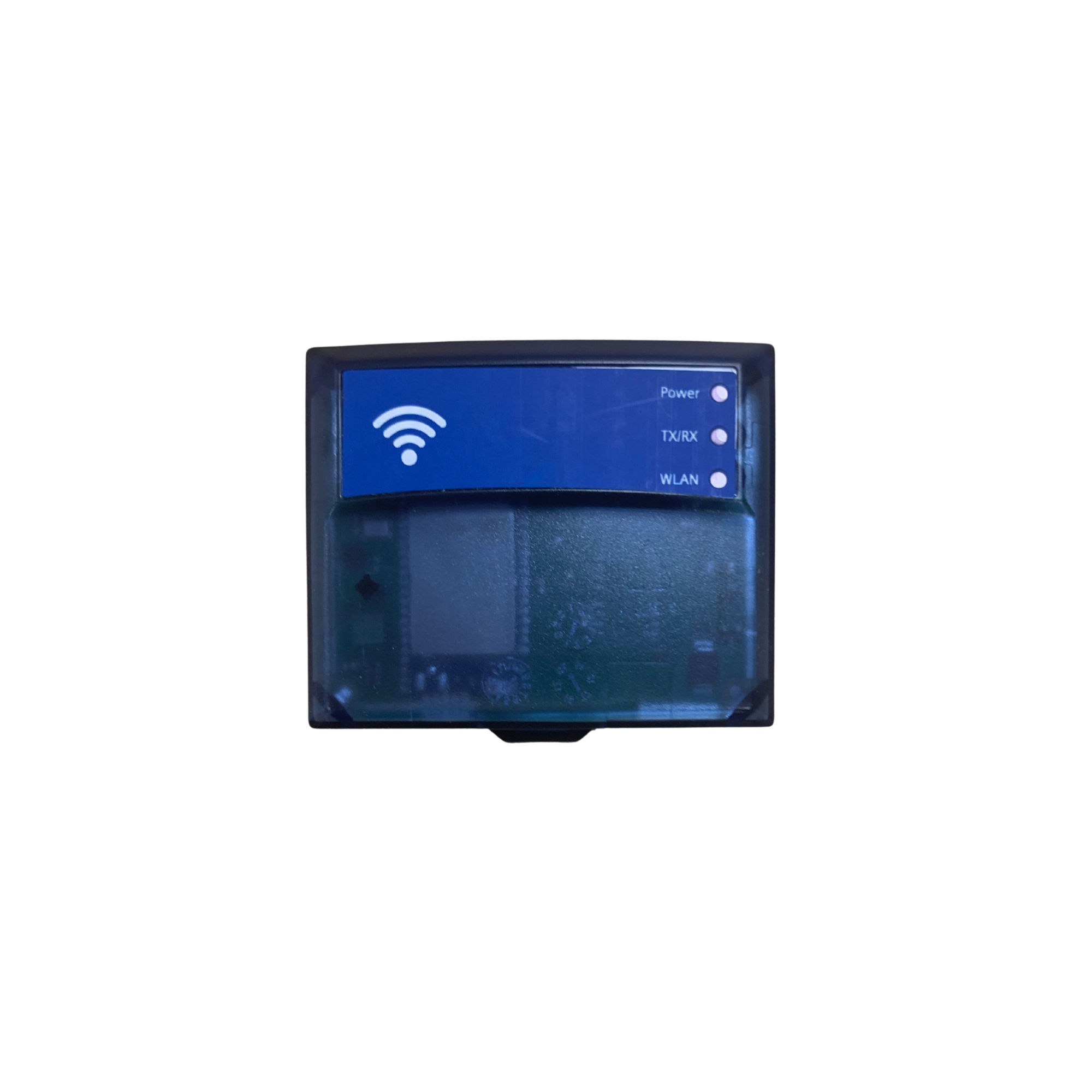 front view of a rectangular interface module with a clear black cover and a blue label across the top