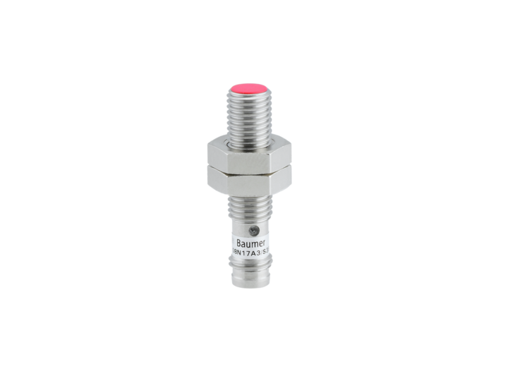 nickel plated tubular shaped switch with threading all the way around, and a red button on the top