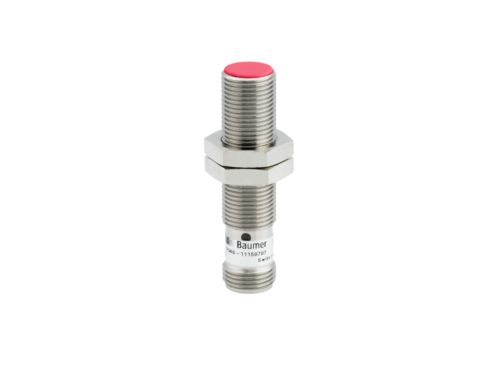 nickel plated tubular shaped switch with threading all the way around, and a red button on the top