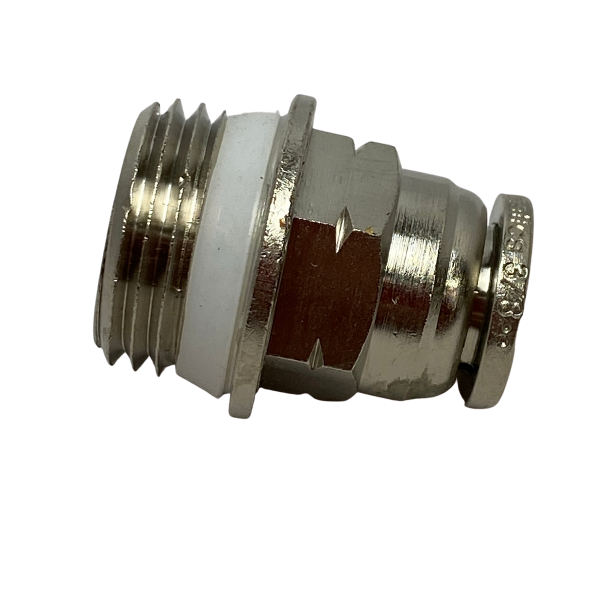 side view of a metal male connector with threading on the left