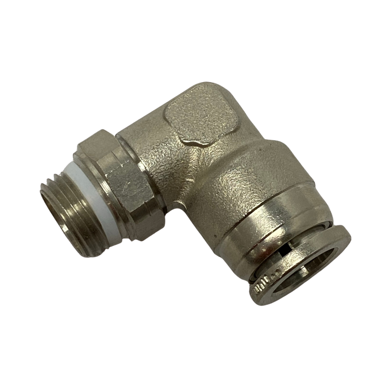 top view of a male swivel elbow fitting with threading on the left