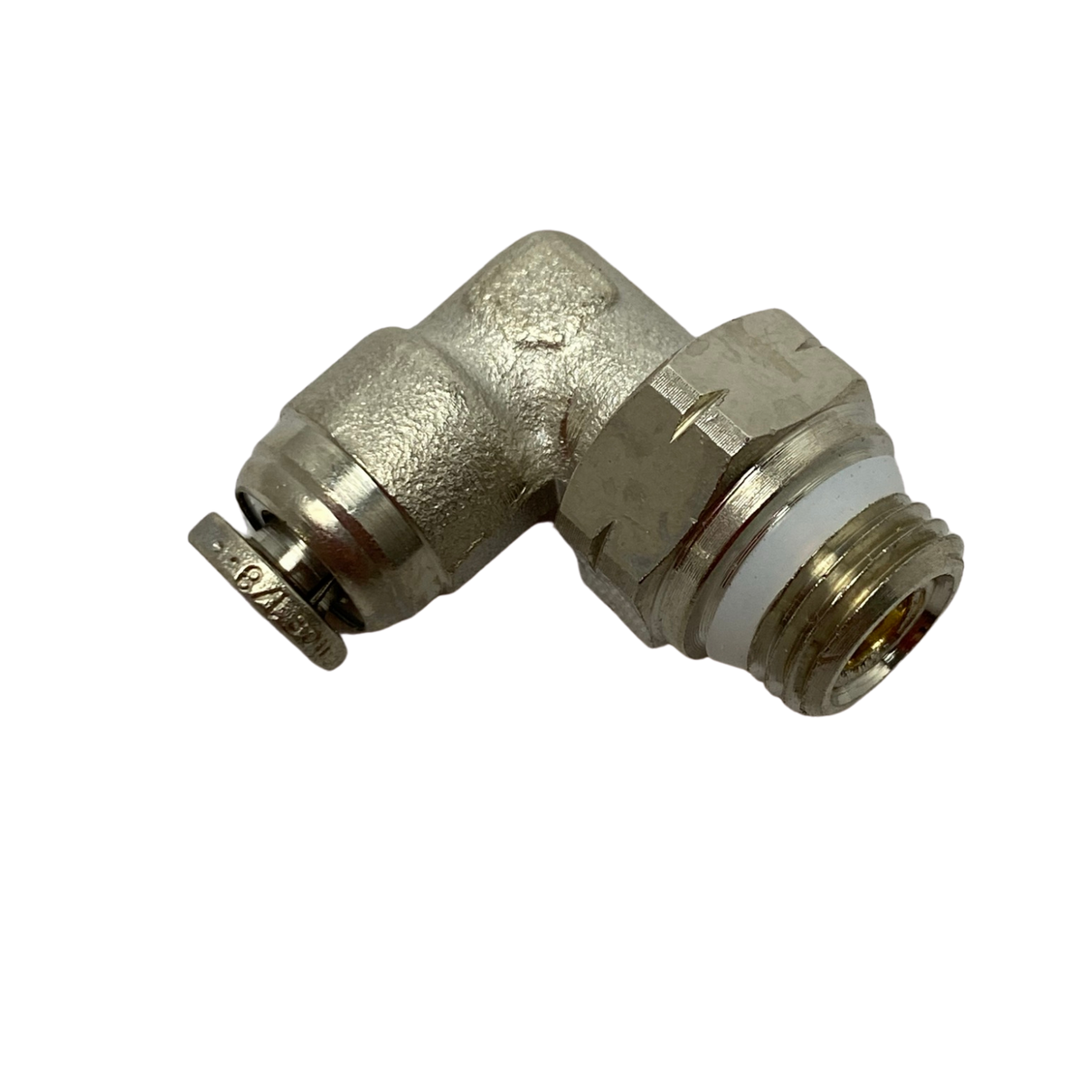 top view of a male swivel elbow fitting with threading on the right
