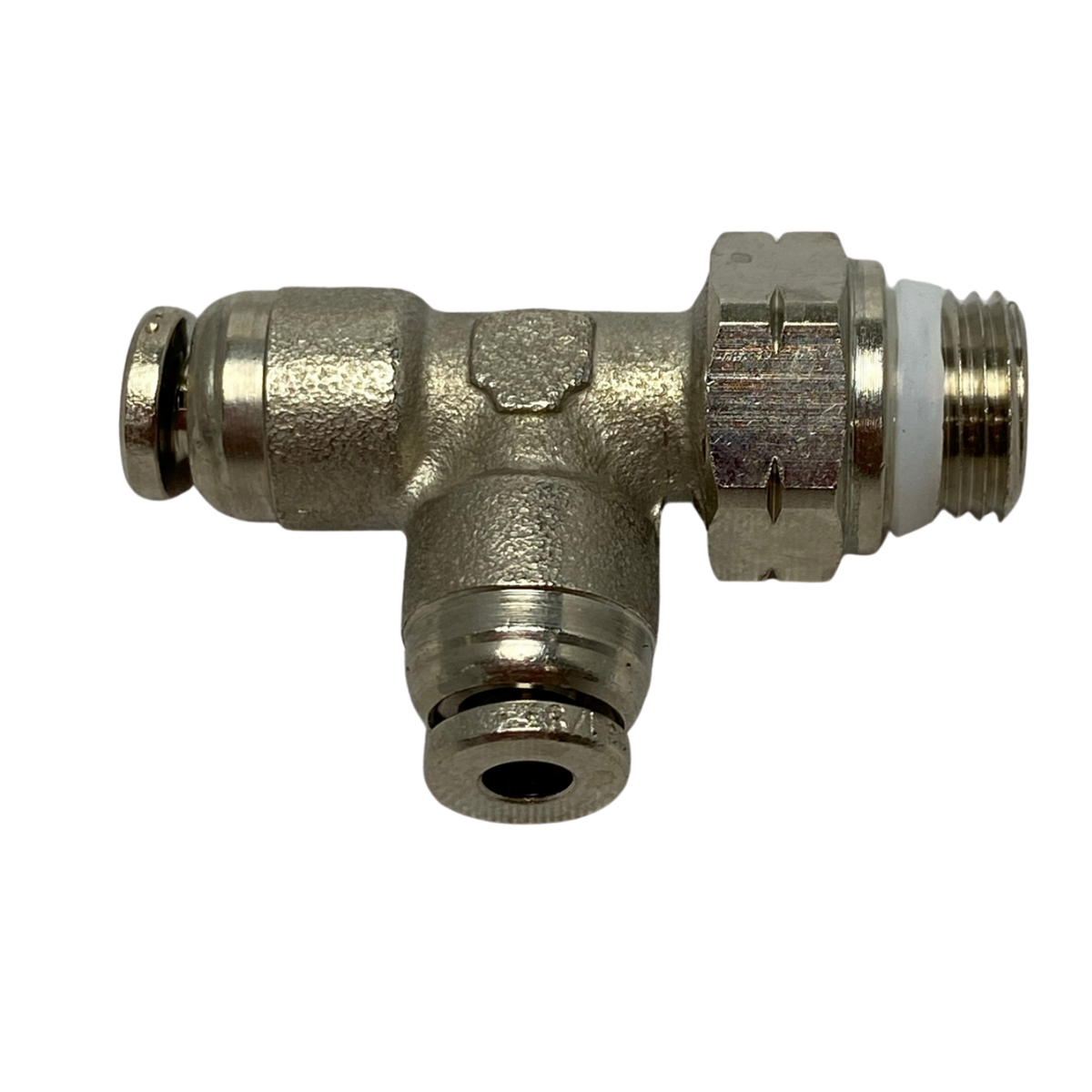 top view of a tee shaped swivel fitting with threading on the right