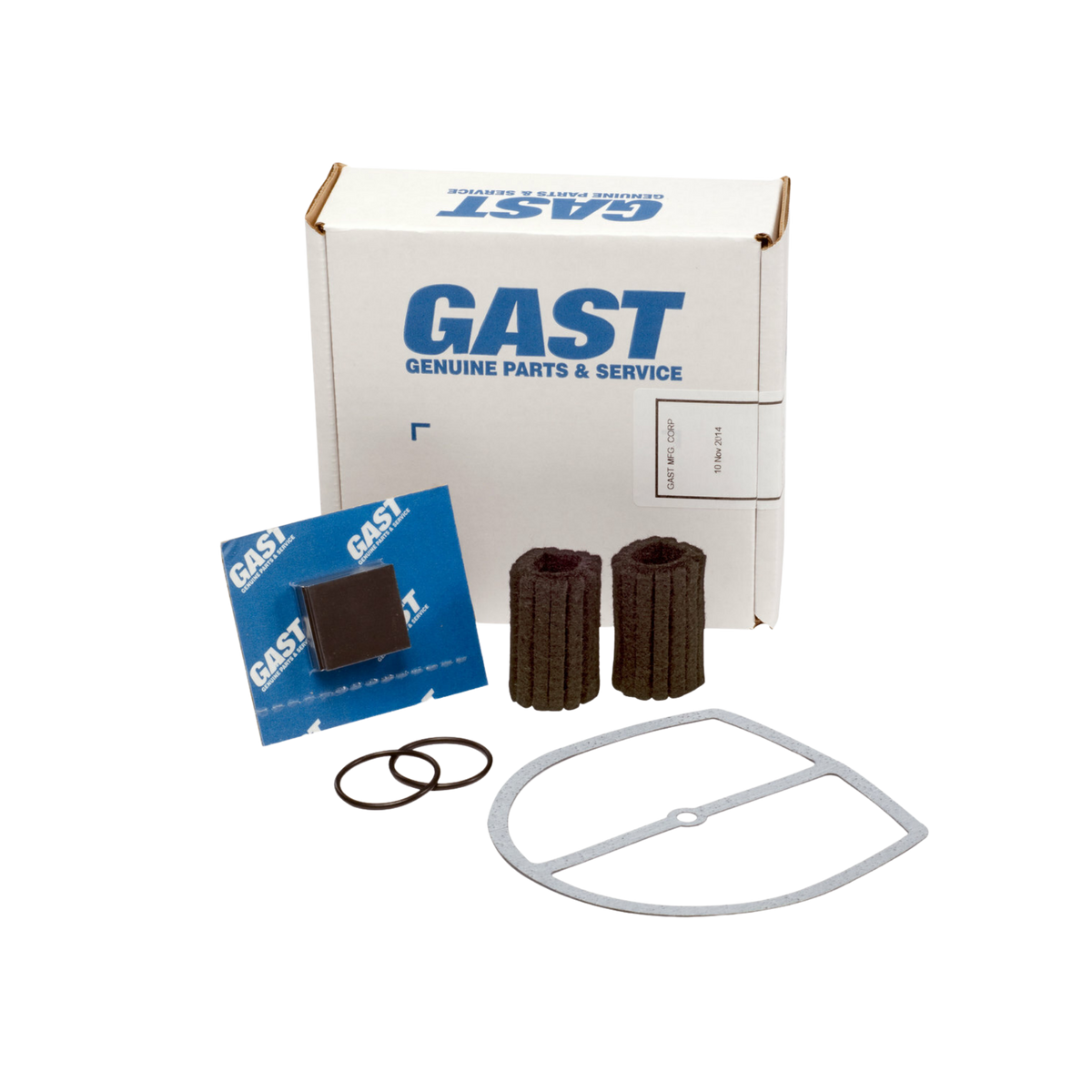 gaskets, o-ring, filters, piece of felt, and a white Gast box