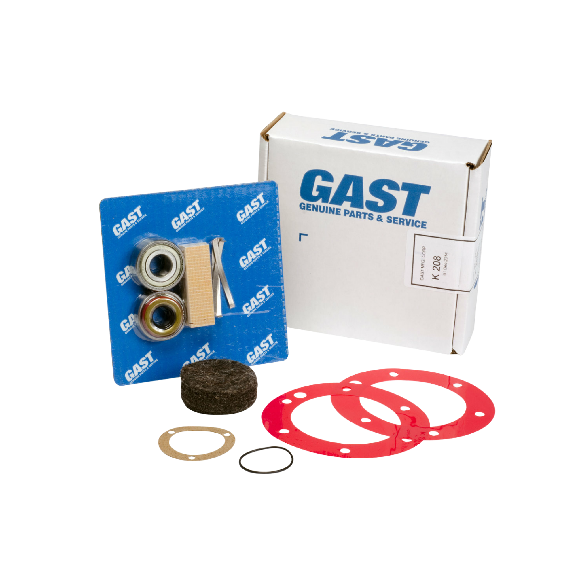 pictured is a gast service kit with bearings, seals, gaskets, a filter, and a square white Gast box