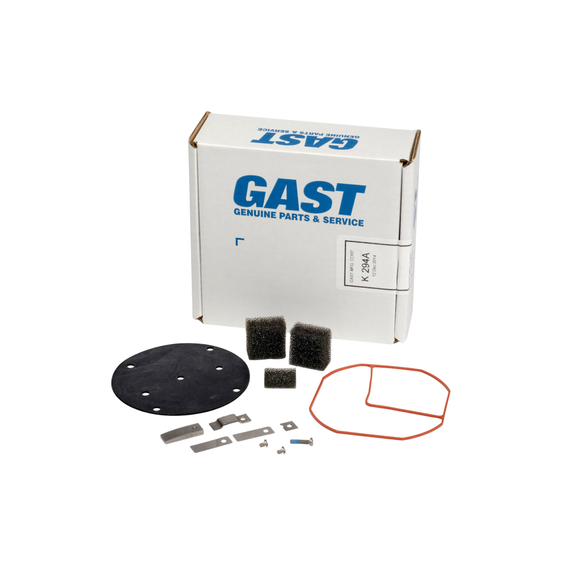 a Gast repair kit with gaskets, filters, screws, and a square white Gast box