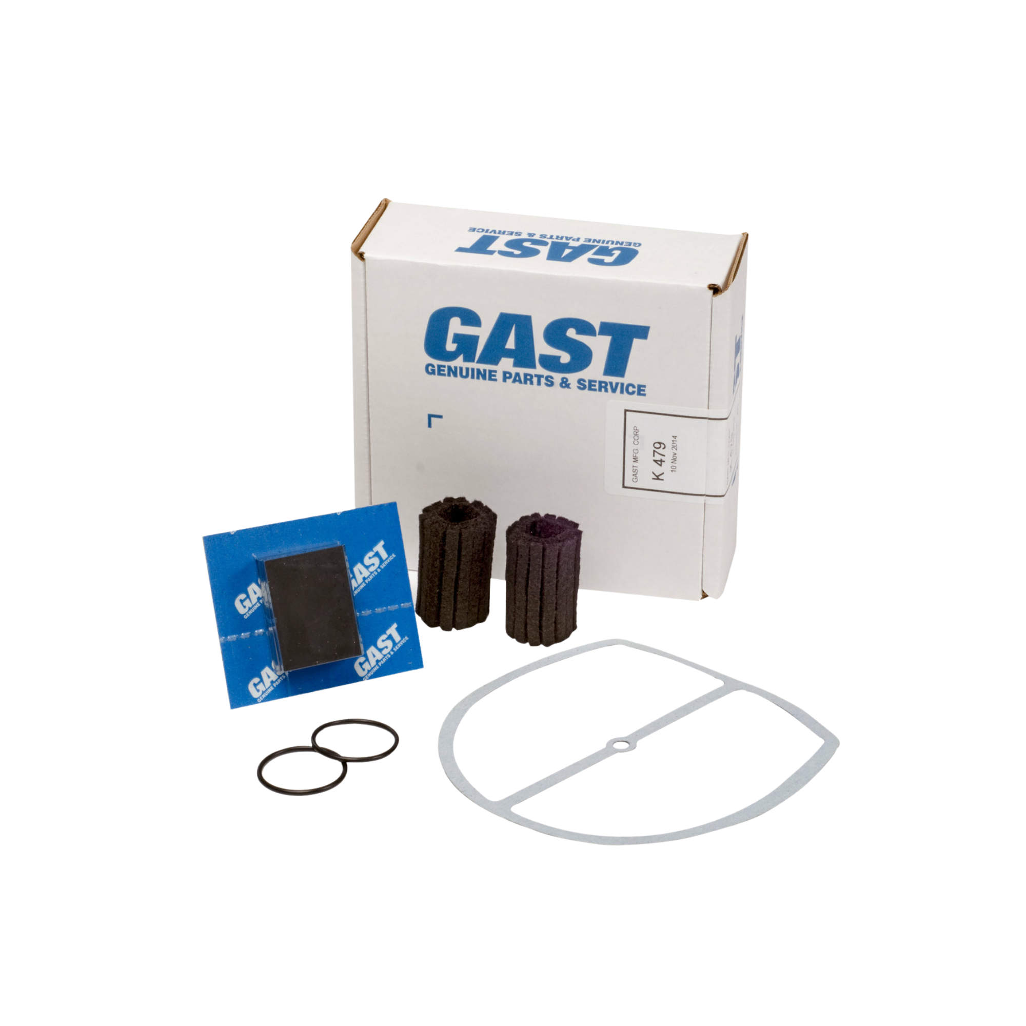 pictured is a repair kit with a gasket, o-rings, felt, filters and a white Gast box