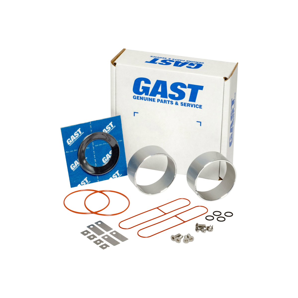 contects of a repair kit including gaskets, cylinders, o-rings, screws, and a white Gast box