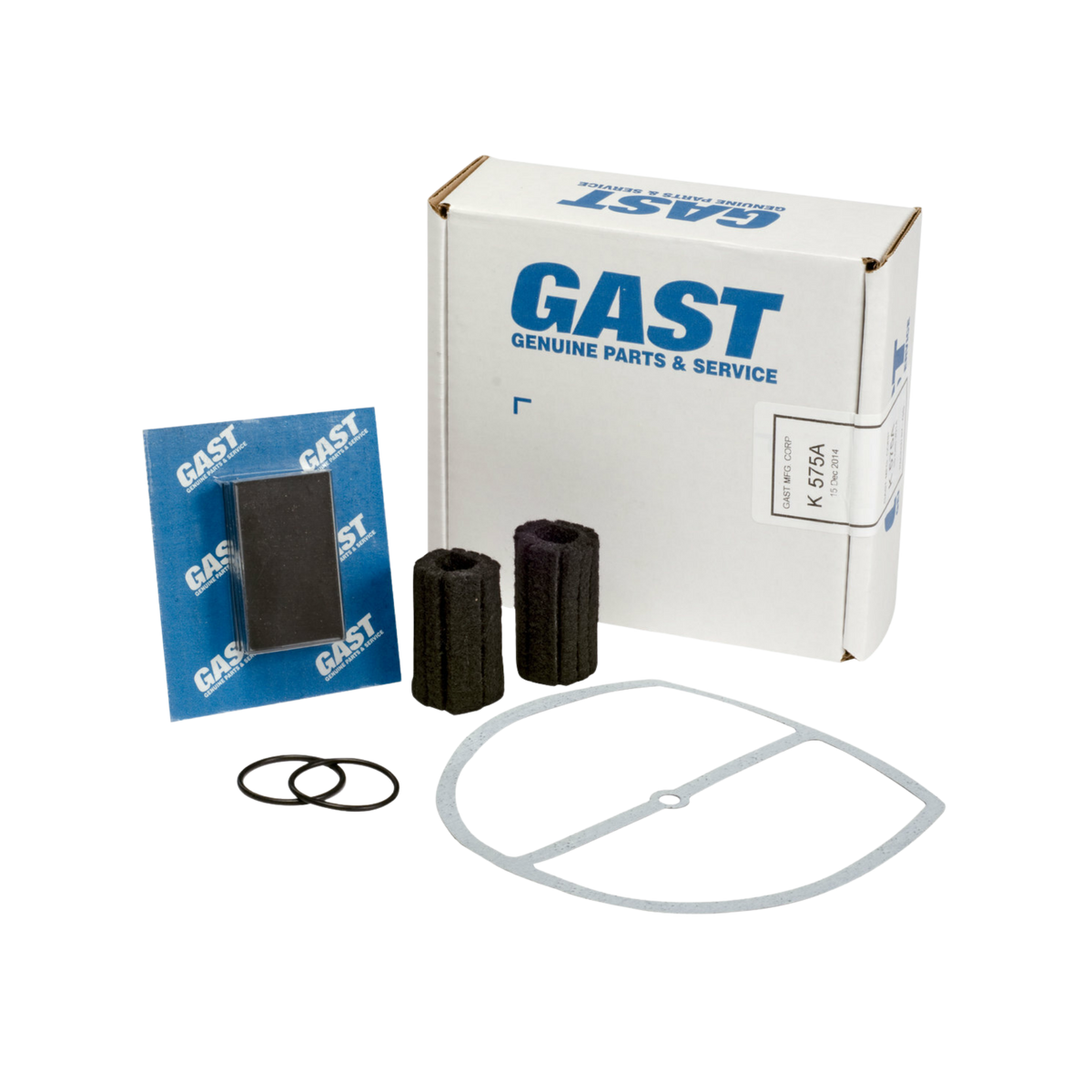 contents of a repair kit including vanes, gaskets, o-rings, filters, and a white Gast box