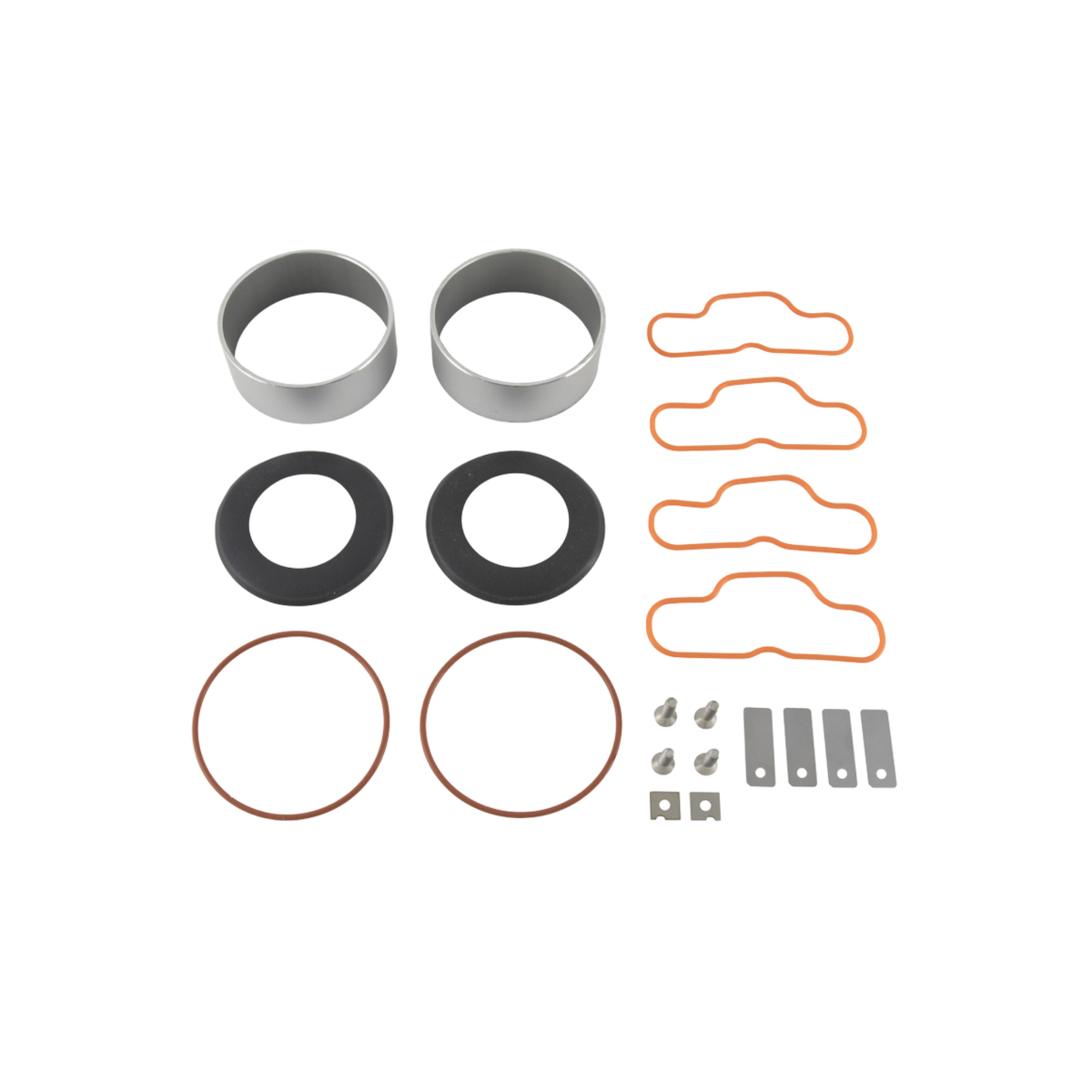 vertical rows of repair kit pieces including Valves, O-rings, Cylinders, Cups, Screws