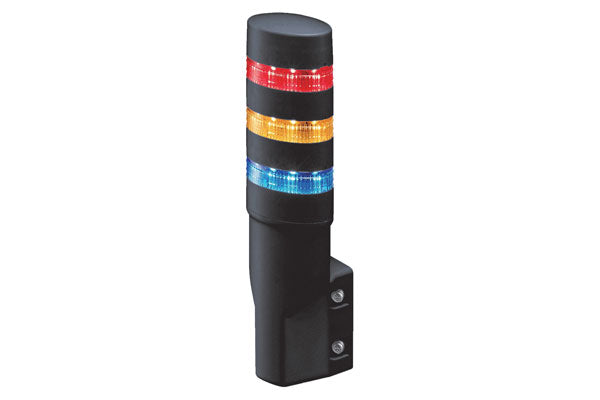 front side view of a black vertical light tower with blue, yellow, and red light strips at the top and two small clear lights on the bottom right