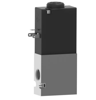 side view of compact, upright rectangular valve with aluminum base and port. Top section is black material with electrical connection and a port on top. 