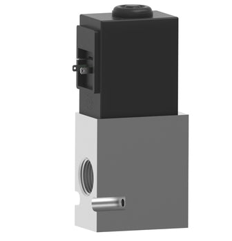 side view of compact, upright rectangular valve with aluminum base and port. Top section is black material with electrical connection and a port on top