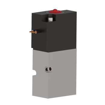upright, rectangular valve with a metallic bottom half and a black top half, with an electrical connection at the top left