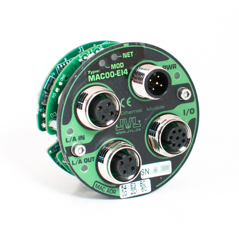 black and green, round, disc-like module with four ports on the face of the unit