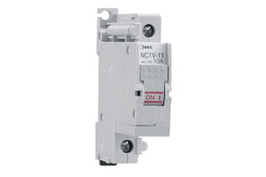 front view of a white circuit protector box with screw mounting on the top and bottom