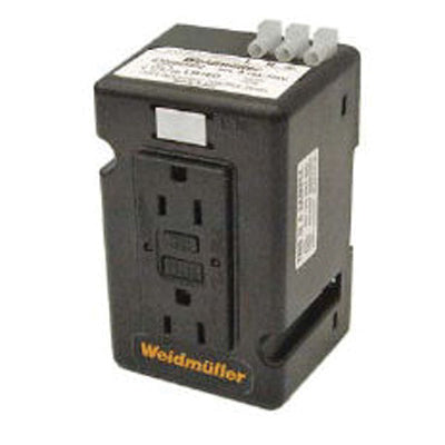 black, rectangular power supply box with two electrical outlets