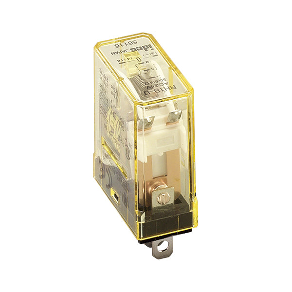 upright rectangular relay unit with clear housing and a plug on the bottom