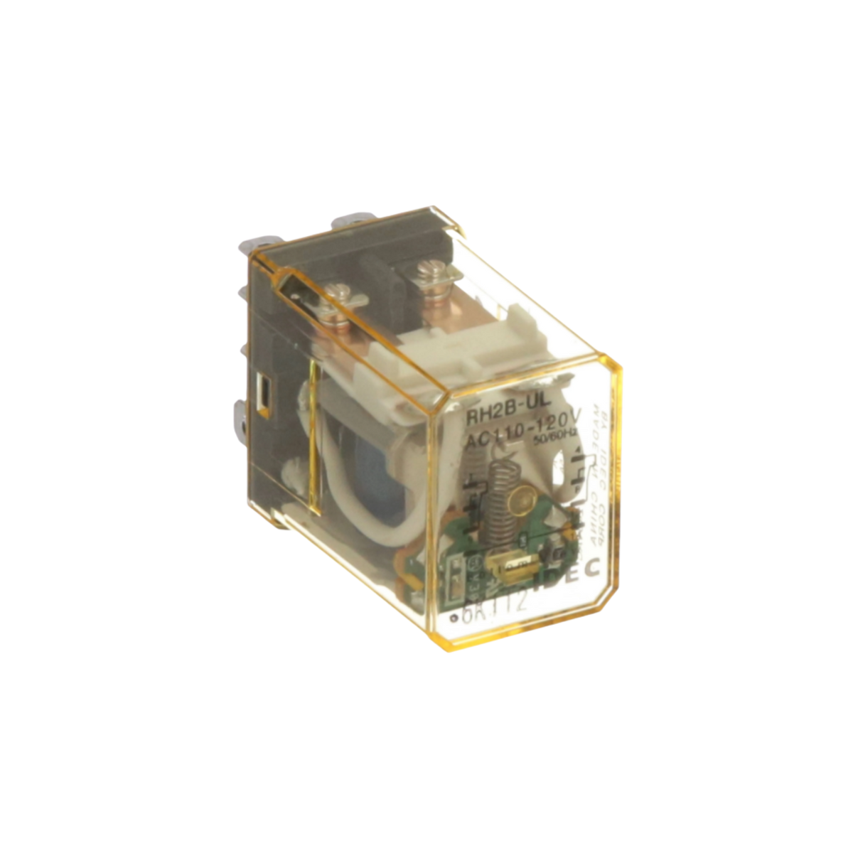 side view of rectangular relay unit with clear yellow housing, wires and contacts inside, and metal tabs at the back