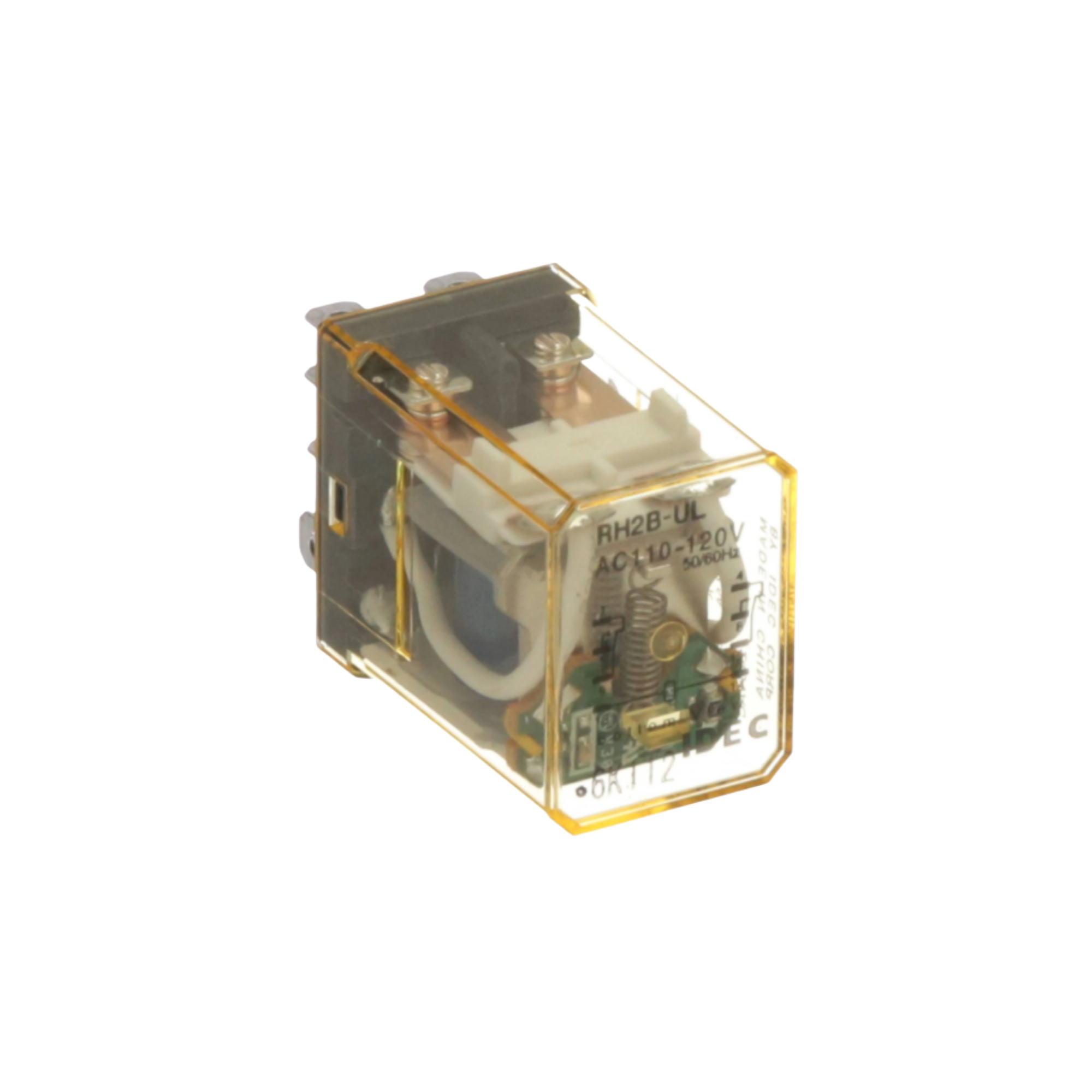 side view of rectangular relay unit with clear yellow housing, wires and contacts inside, and metal tabs at the back