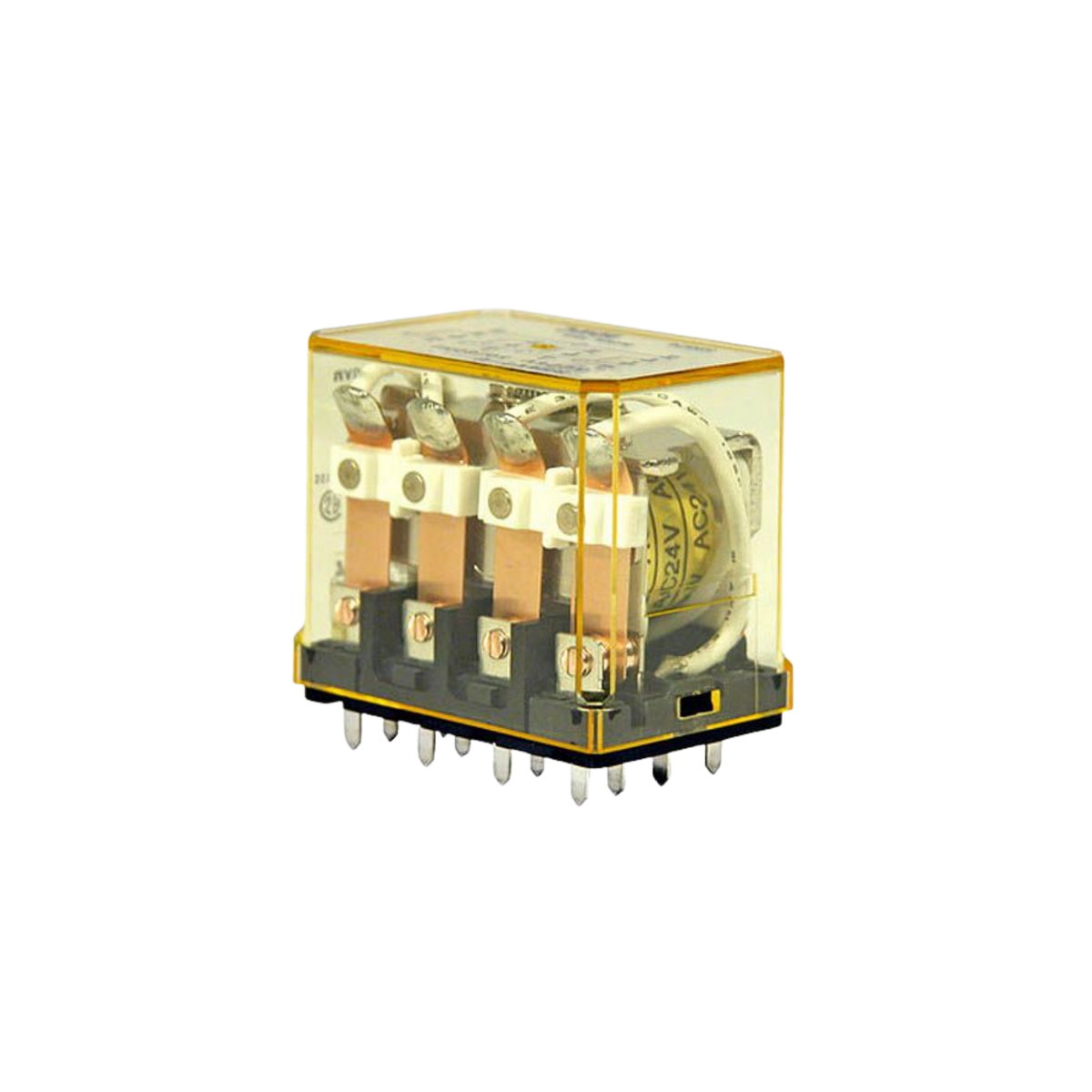 upright rectangular relay unit with clear yellow housing, wires and contacts inside, and metal tabs on the bottom
