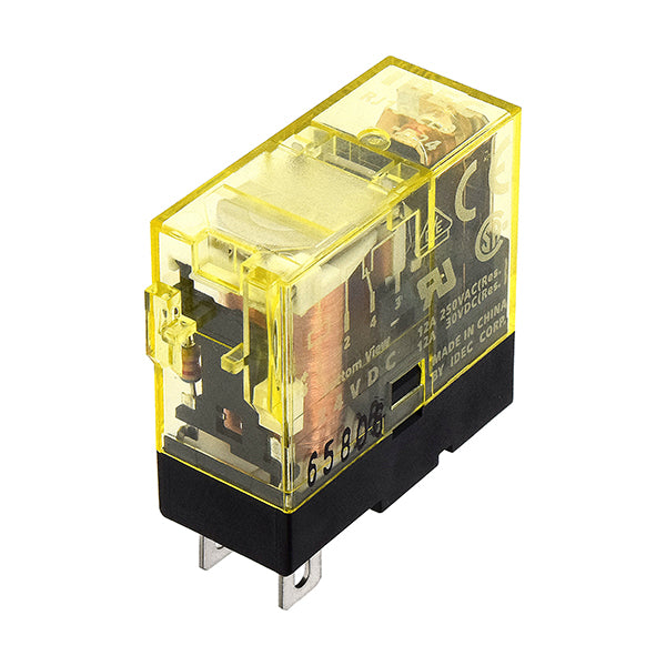 upright rectangular relay unit with clear yellow housing, wires and contacts inside, and metal tabs at the bottom left