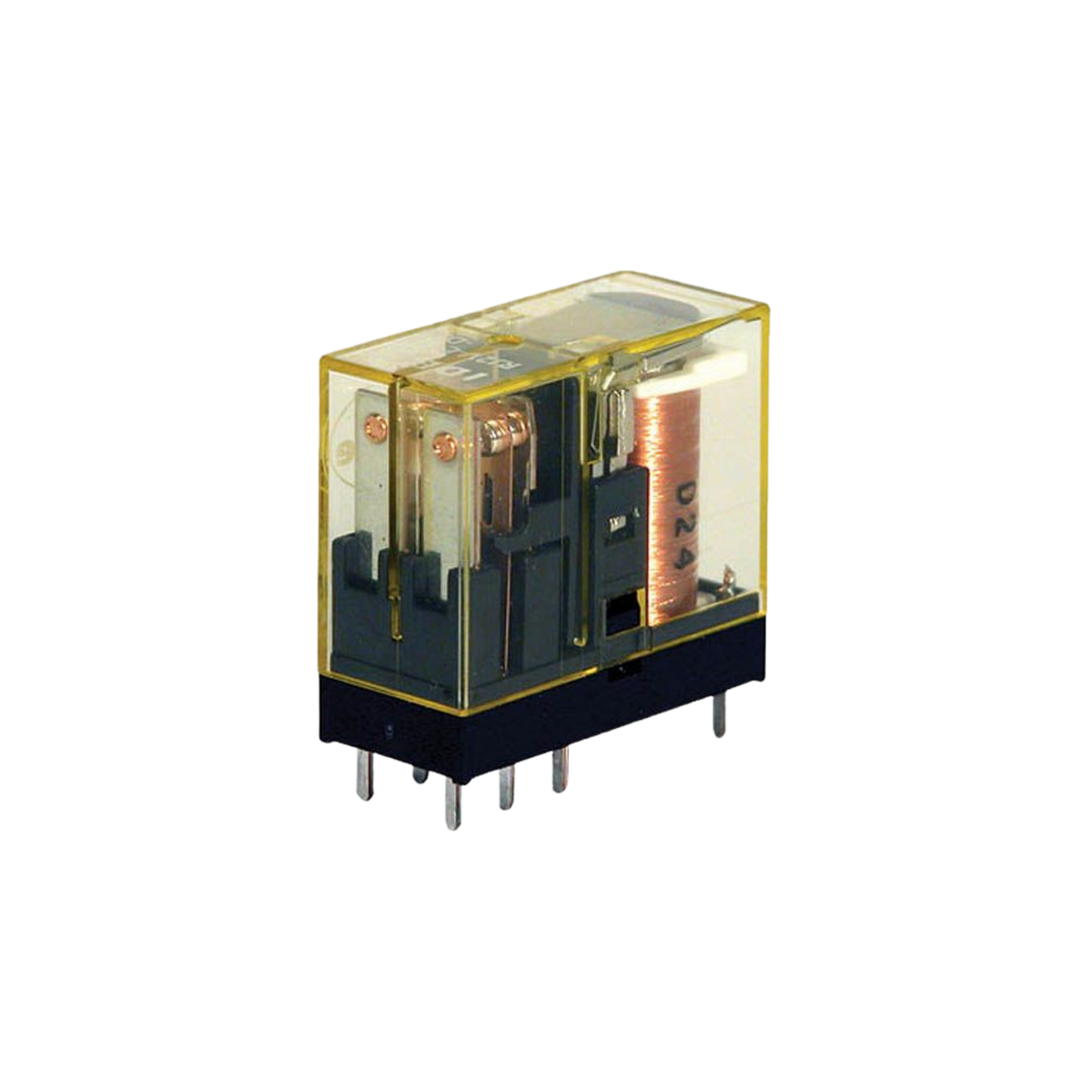 upright rectangular relay unit with clear yellow housing, wires and contacts inside, and metal tabs on the bottom