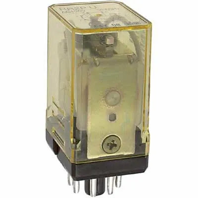 upright rectangular relay unit with clear housing and a plug on the bottom 