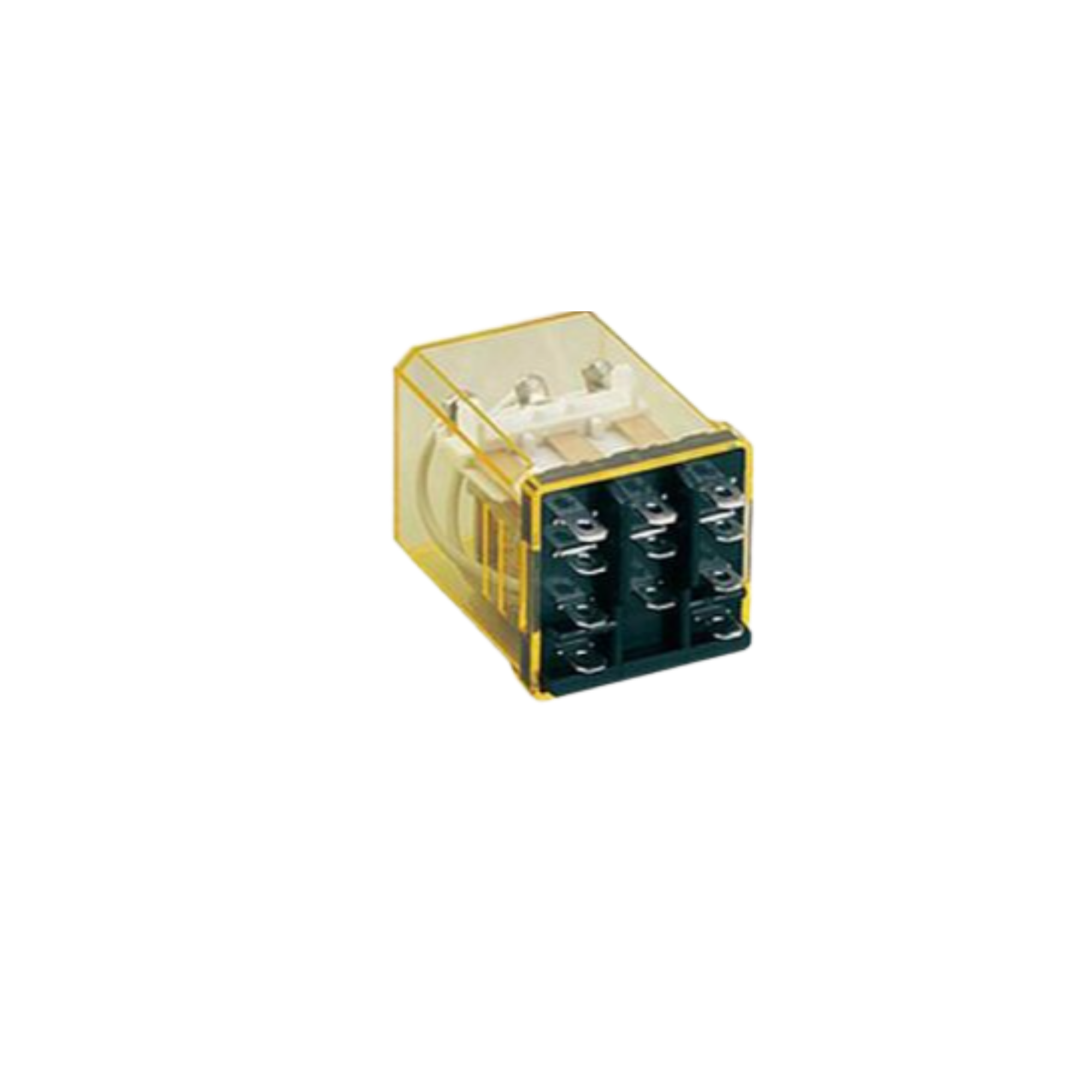 bottom view of a relay unit with a clear yellow housing toward the back and metal tabs at the front