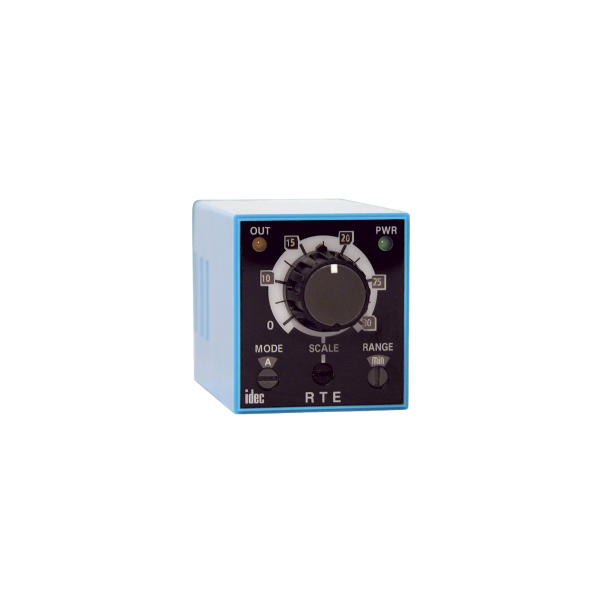 blue square block timer unit with a round knob at the center