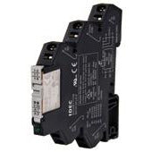 Black plastic housing that connects to a din rail.