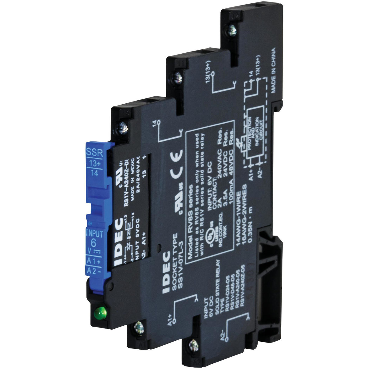 Black plastic housing that connects to a din rail.