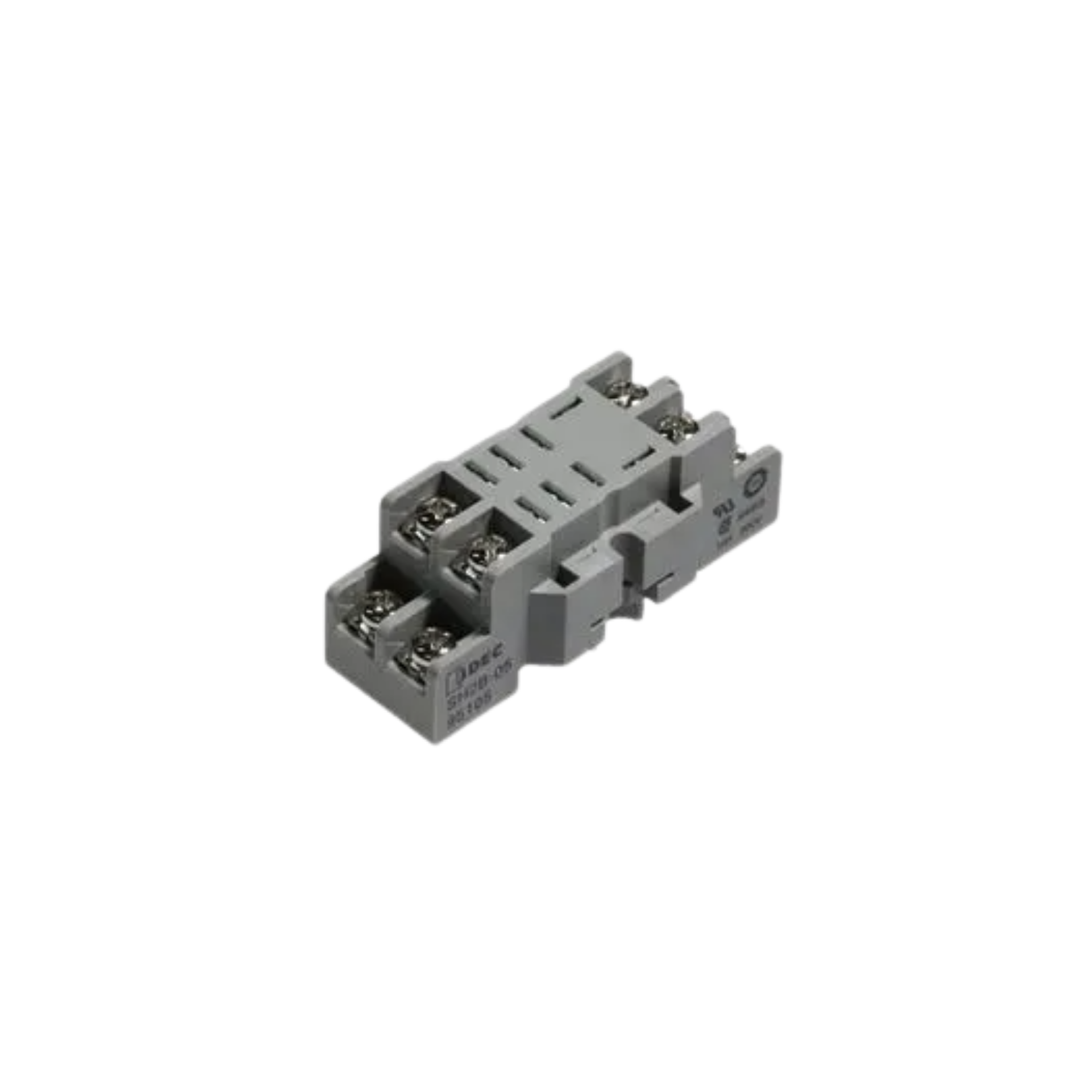 side view of a grey plastic relay socket unit with eight pins