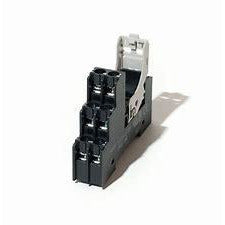 Black plastic housing that clips onto din rail, with connection points on the face